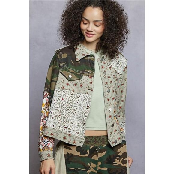 POL Floral Printed French Terry Jacket with Crochet Contrast - Picture 2 of 5